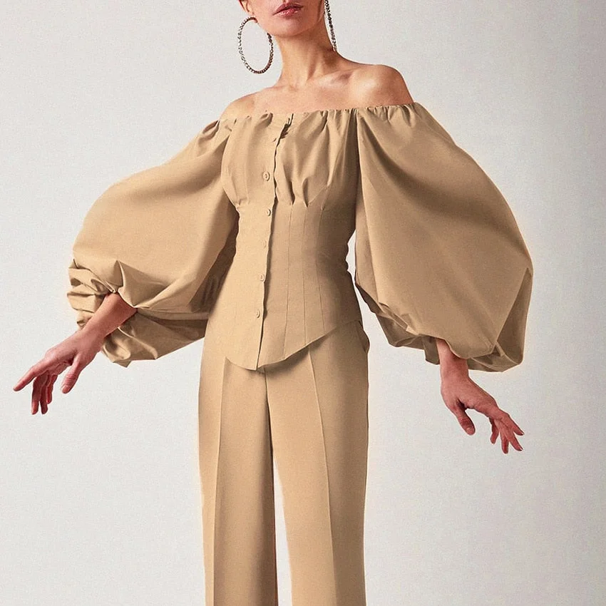 2023 Solid Single-breasted shirt women Lantern Sleeve Slash Neck Off Shoulder top Fashion sexy slim Tunic Blouse Blusas Mujer