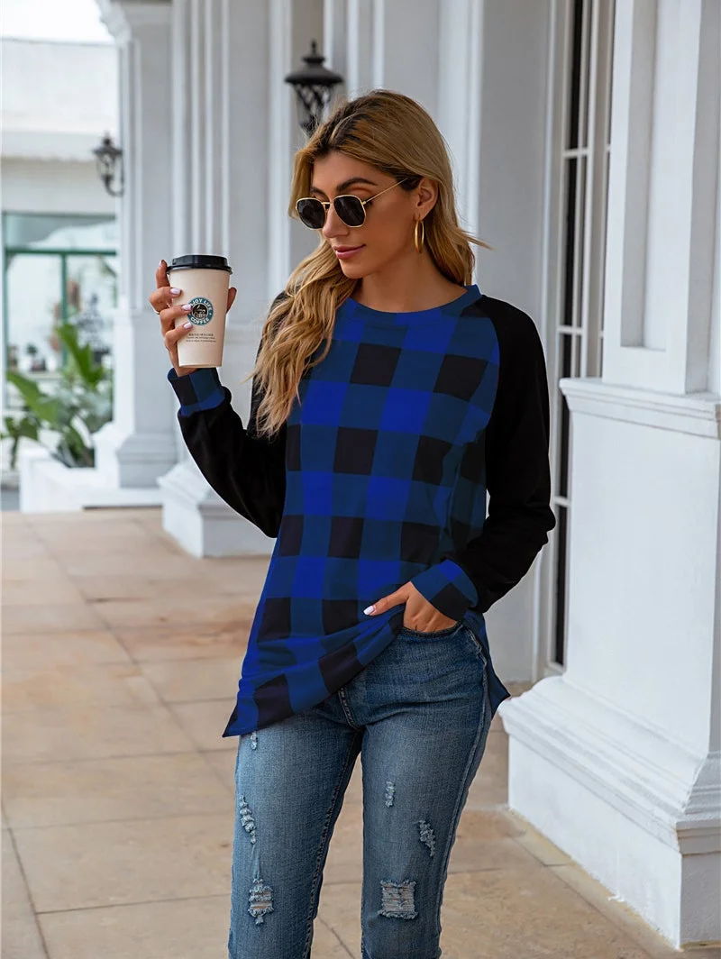 Plaid O-Neck Splicing Cardigan Women's Sweatshirt