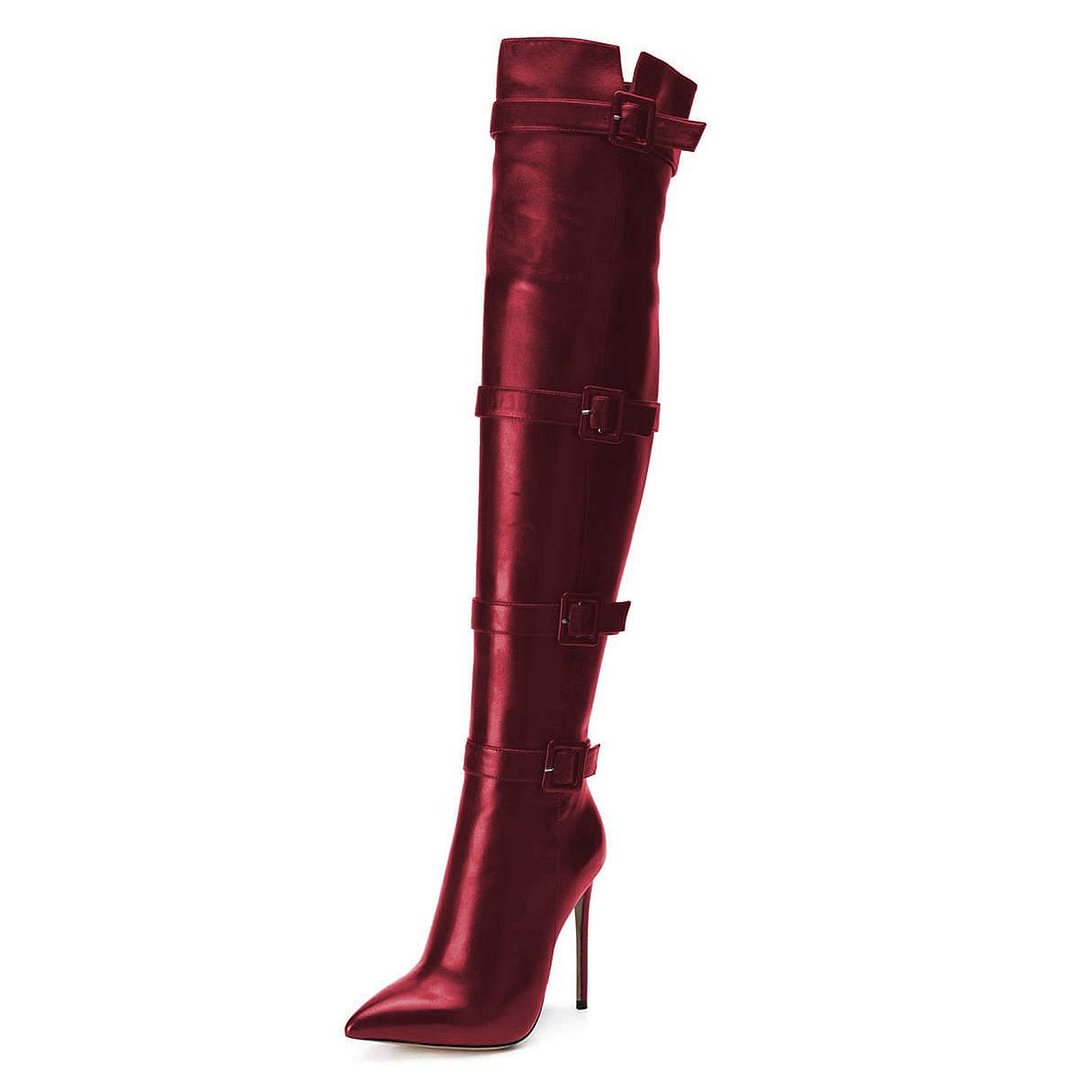 Full Claret Pointed Toe High Boots Leather Buckle Stiletto Thigh High Boots Nicepairs