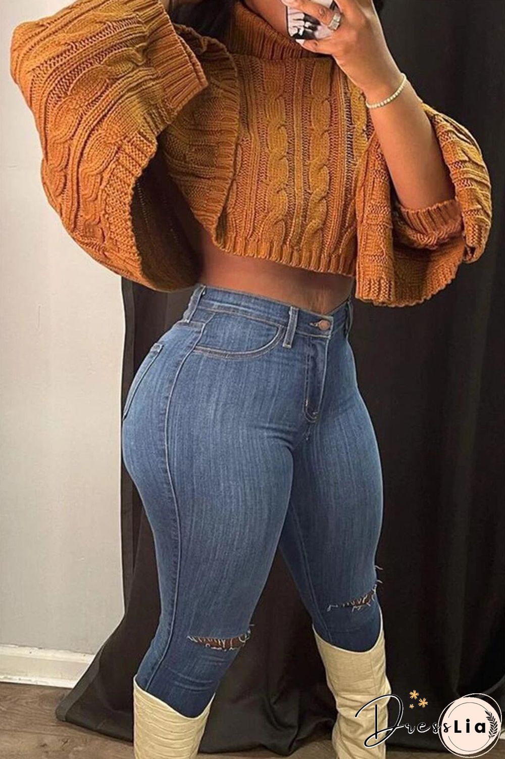 Solid Color Turtleneck Bat Sleeve Sweater Crop Top