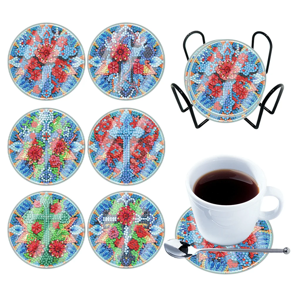 [Upgrade - Waterproof Coaster]6pcs DIY Flower Cross Coaster Set Holiday Christmas for Adults and Beginners(With Covers)