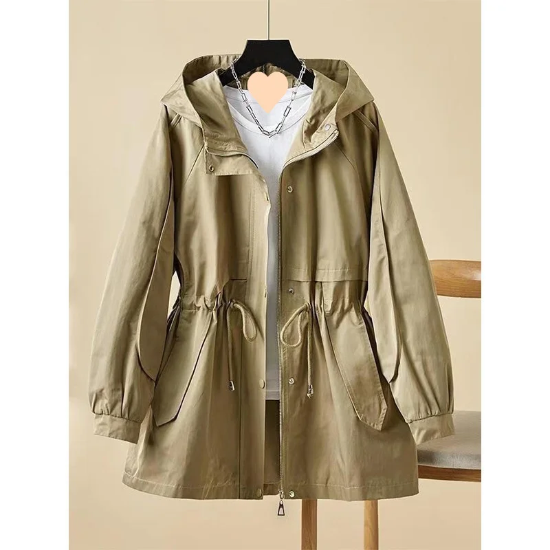 Toloer Hooded Casual Trench Coat 2024 Middle-Aged Mother Spring And Autumn New Women's Fashion Korean Version Draw Rope Collect Waist Overalls Coat-Outfit Ideas