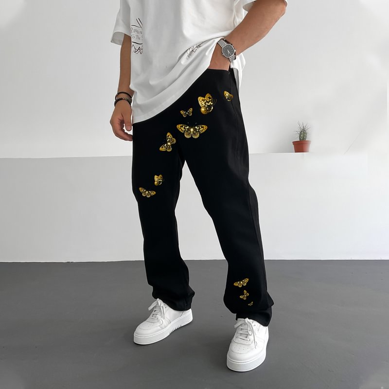 Men's Fashion Butterfly Print Ripped Jeans、、URBENIE