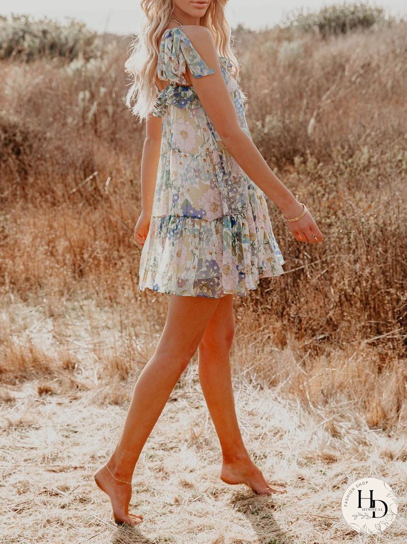 Chiffon Printed Sling Beach Mini Dress for Women