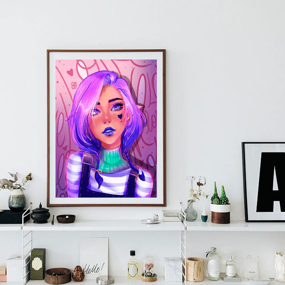 Full Round Diamond Painting 30*40cm - Purple Hair Girl