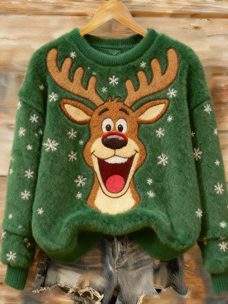 Surprised Christmas Reindeer Flannel Crew Neck Sweater elevenforest