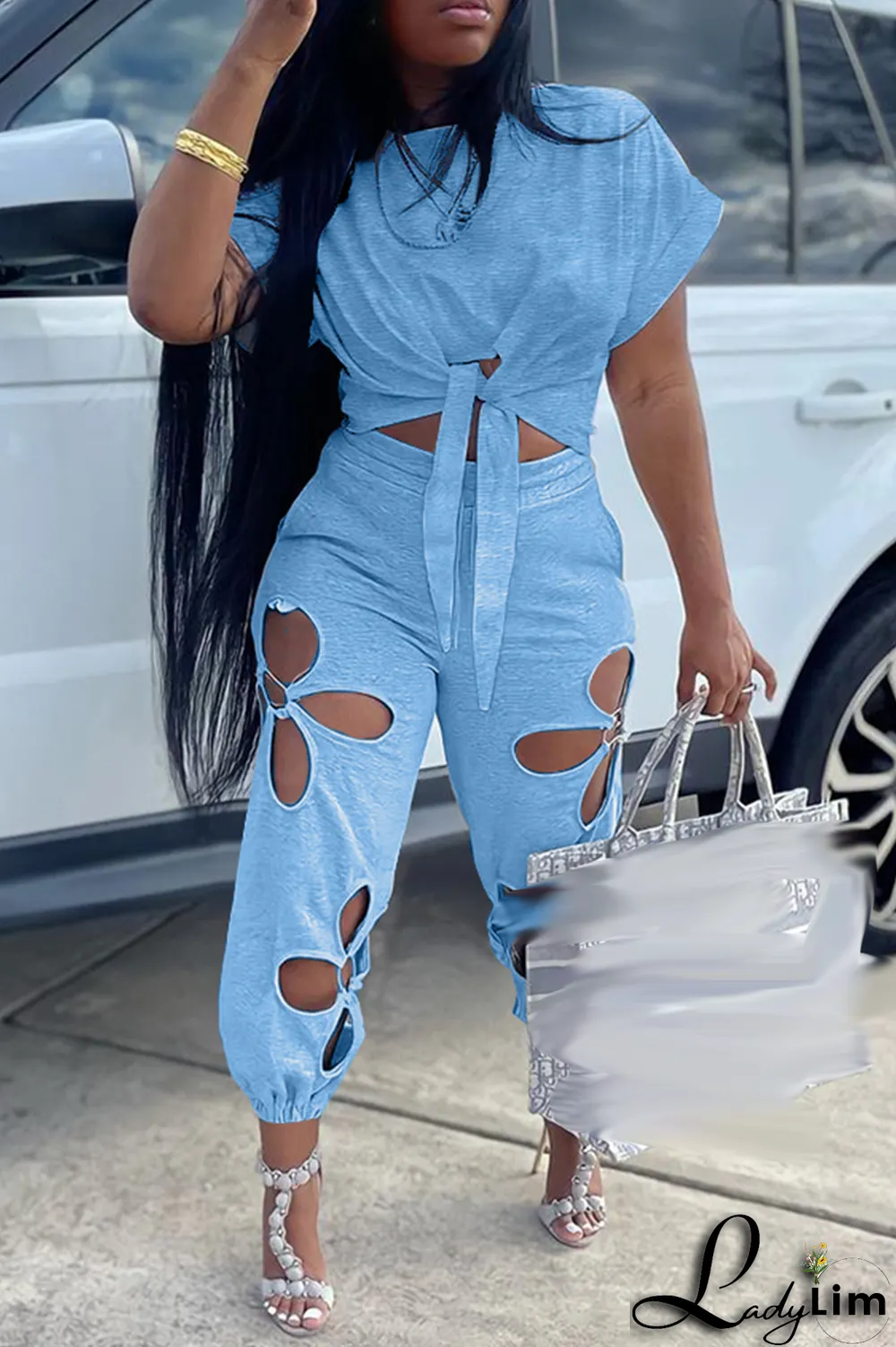 Grey Casual Solid Ripped O Neck Short Sleeve Two Pieces