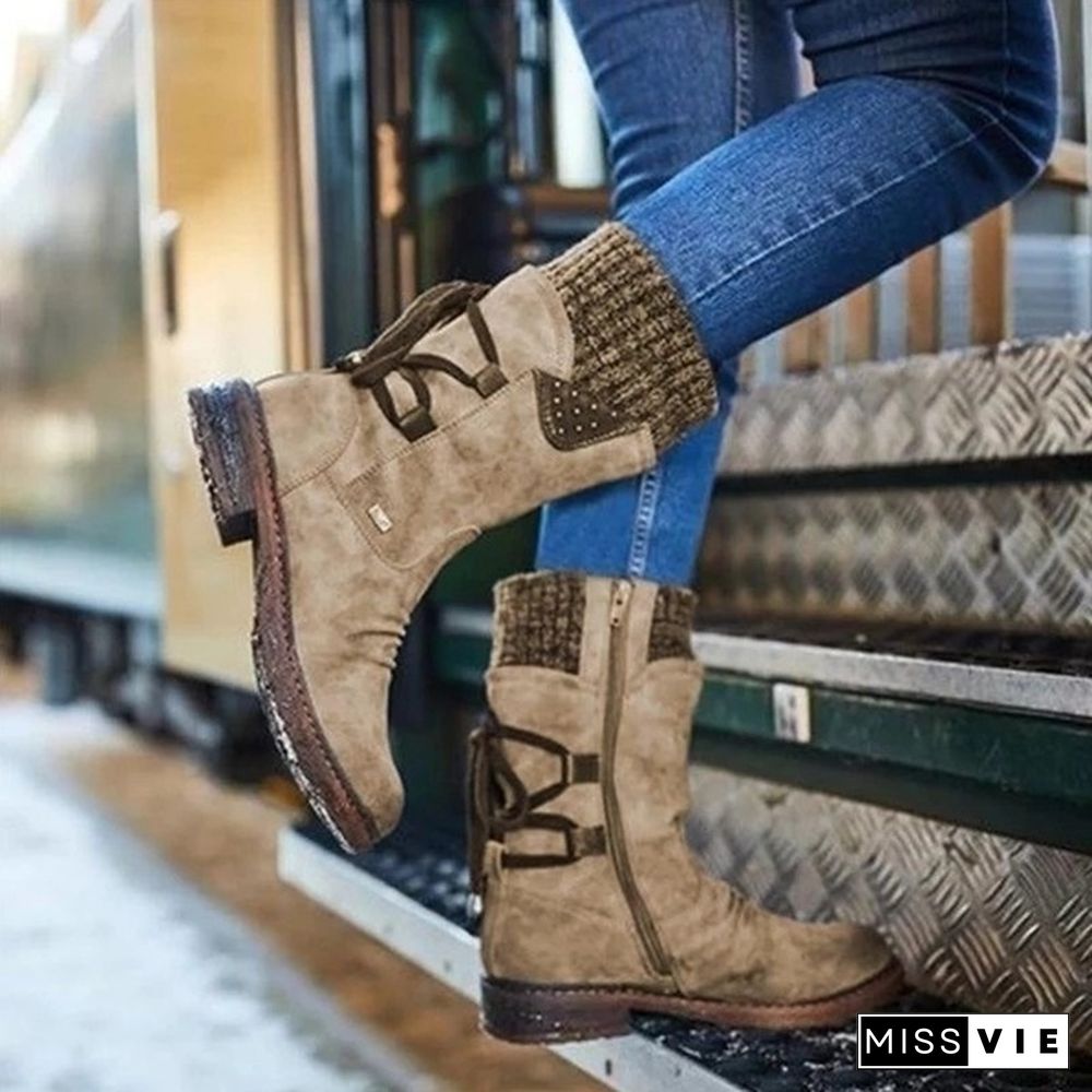 New Fashion Autumn and Winter Womens Boots In The Calf Boots Casual Flat Snow Boots Leather Sweater Bandage Boots Cowgirl Boots Zipper Low Heel Ladies Boots