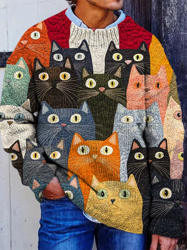 Men's Multicolor Cats Cartoon Art Print Knit Sweatshirt