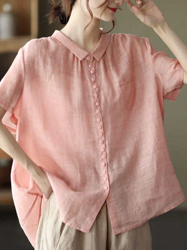 Ramie Cotton Solid Color Lapel Short Sleeve Blouse Tops