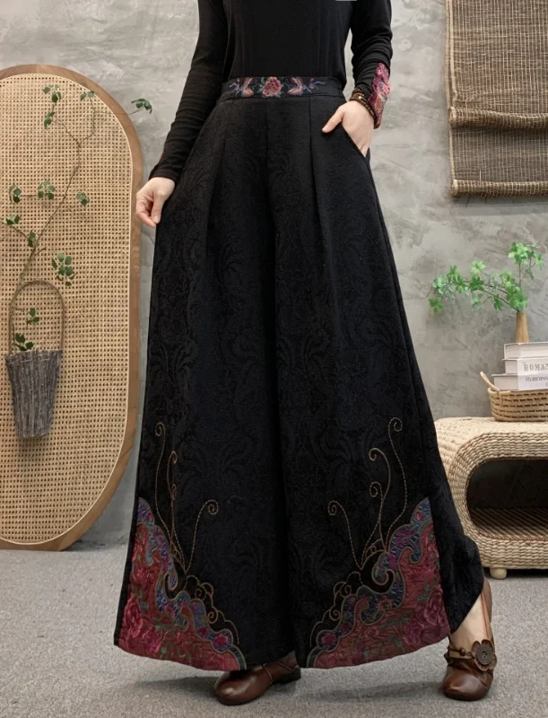 Jacquard Embroidery Casual Ethnic Style High Waist Dark Grain Style Wide Leg Pants