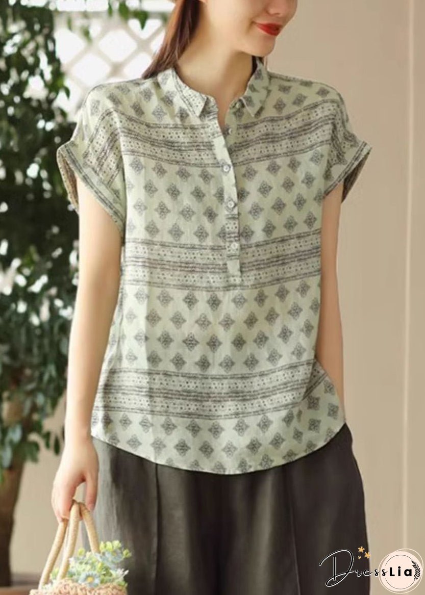 Italian Green Peter Pan Collar Print Patchwork Linen Shirt Summer