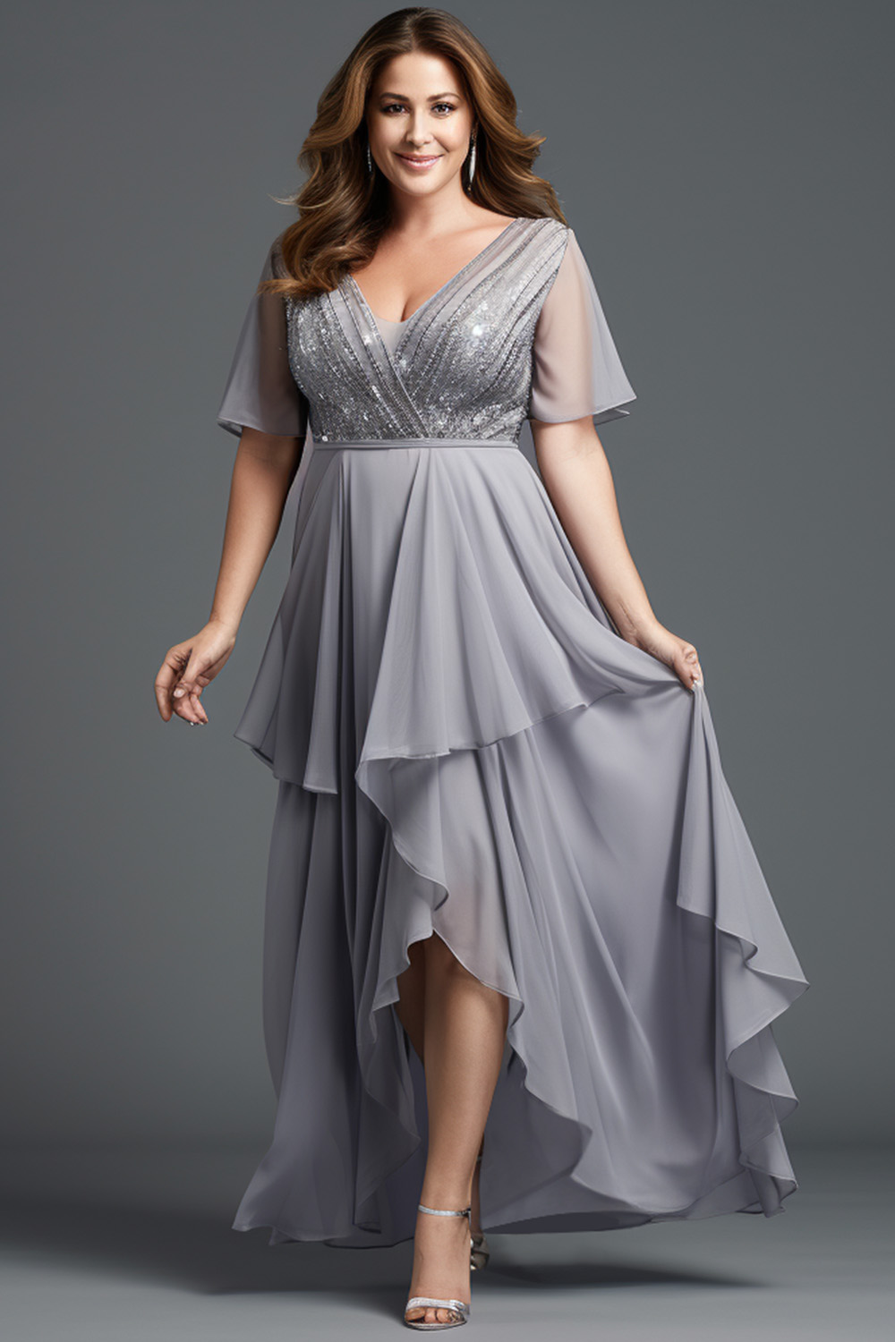 Flycurvy Plus Size Mother Of The Bride Grey Flutter Sleeve Sequin Irregular Hem Maxi Dress