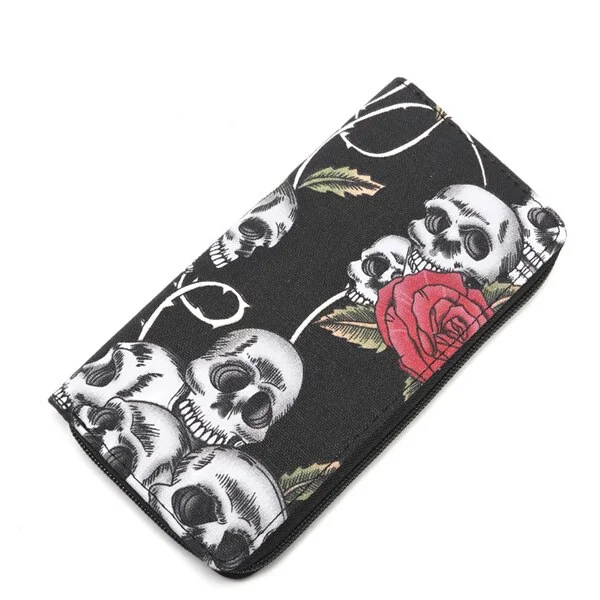 Pongl Brand Women Wallets Large Size Card Holders Canvas Long Purse Skull and Rose Printed Zipper Card Holder Clutch Bags