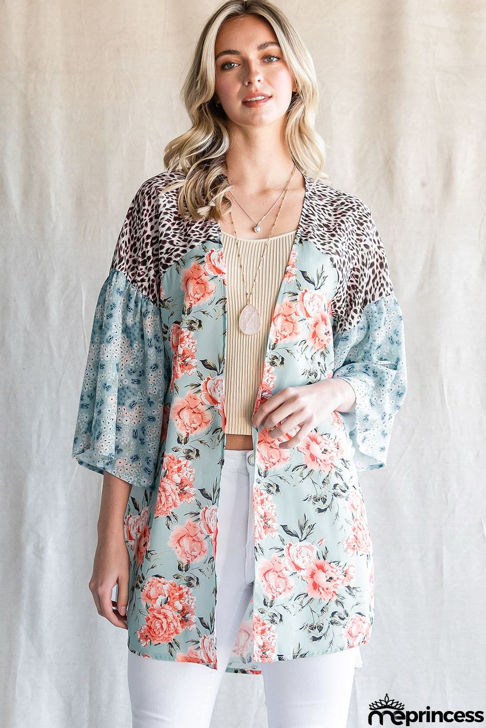 Animal Print Floral Three-Quarter Sleeve Cardigan