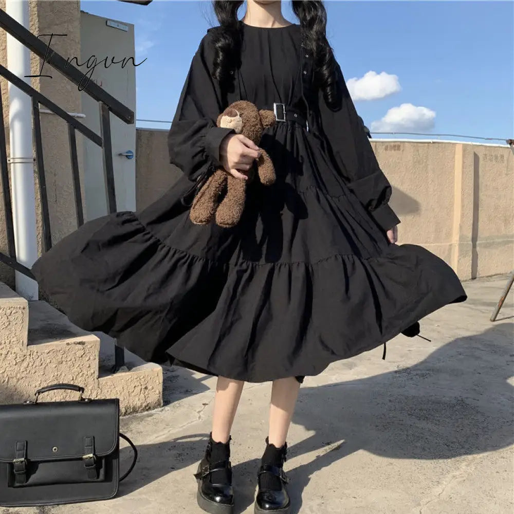 Ingvn - Gothic Style Dress Women Harajuku Lolita Kawaii Punk Cute Long Sleeve Black Midi Emo Mall