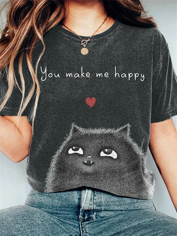 Women's You Make Me Happy Cat Art Print Casual T-Shirt