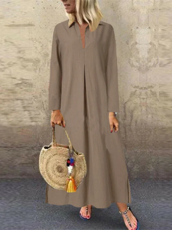 Women's Long Sleeve V-Neck Pockets Midi Dress