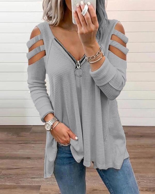 Off Shoulder Chic Zipper V-Neck Long Sleeve Blouse