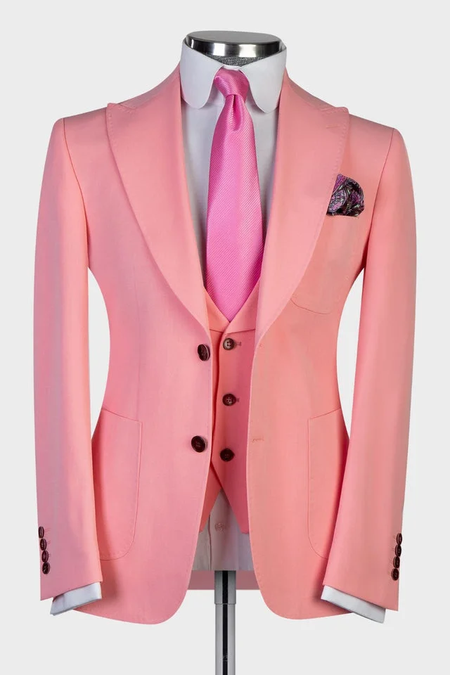 3 Pieces Peaked Lapel Best Wedding Suits Outfits Pink For Groom