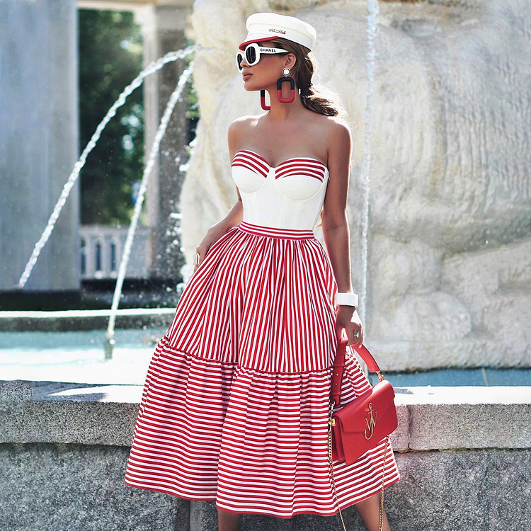 Bandeau Striped Print One Piece Swimsuit and Skirt