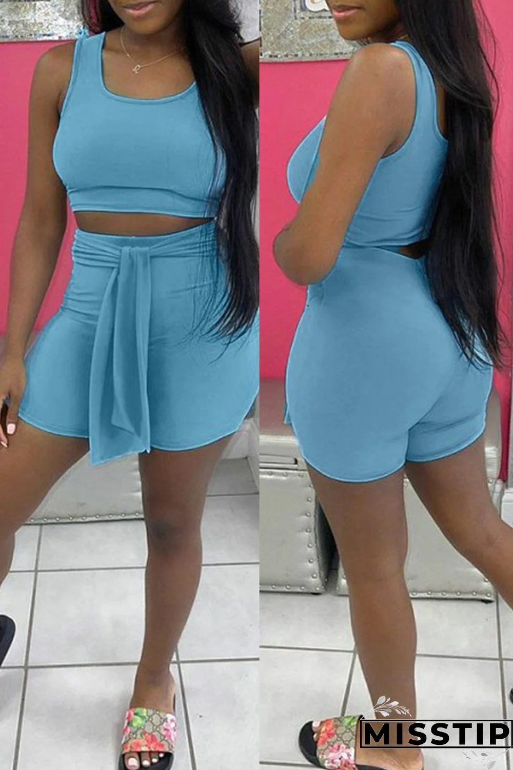 Sky Blue Fashion Casual Solid Vests U Neck Sleeveless Two Pieces