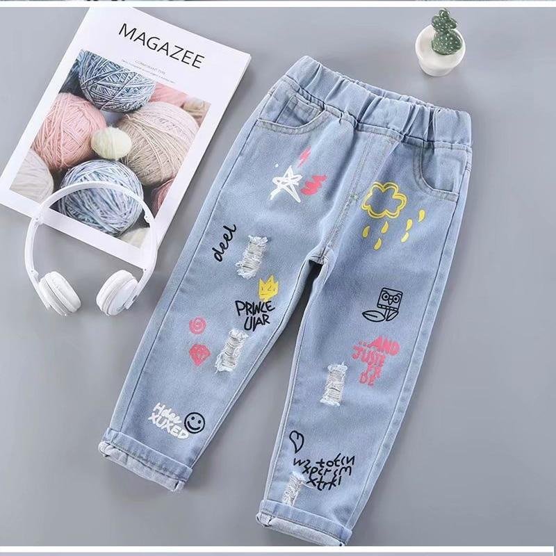 Baby Jeans Solid Color Jeans For Girls Spring Autumn Jeans Baby Girl Casual Style cartoonToddler Girl Clothes Loose Pant 2 -6