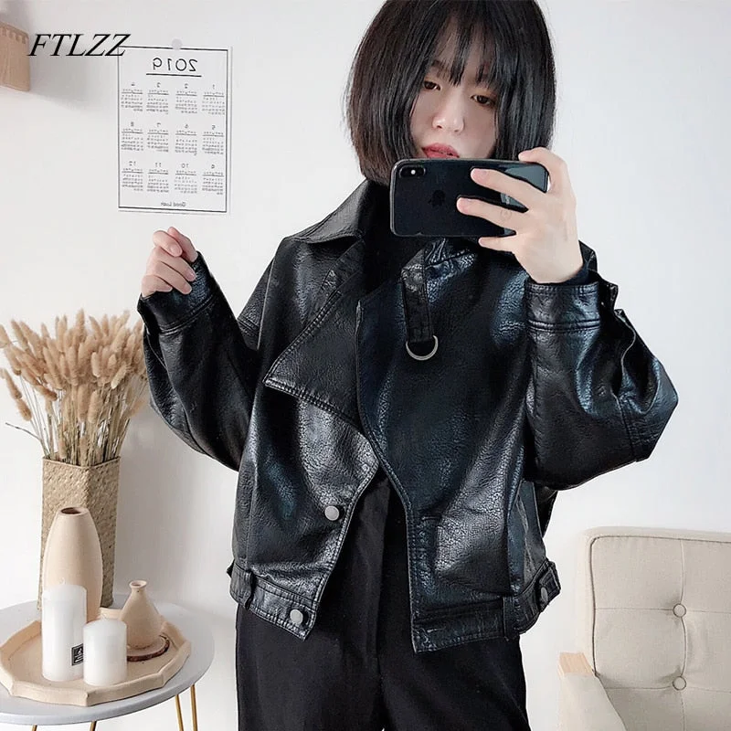 FTLZZ New Autumn Women Faux Leather Jacket Vintage Boyfriend Style Coat Batwing Sleeve Short Motor PU Jackets Biker Outwear