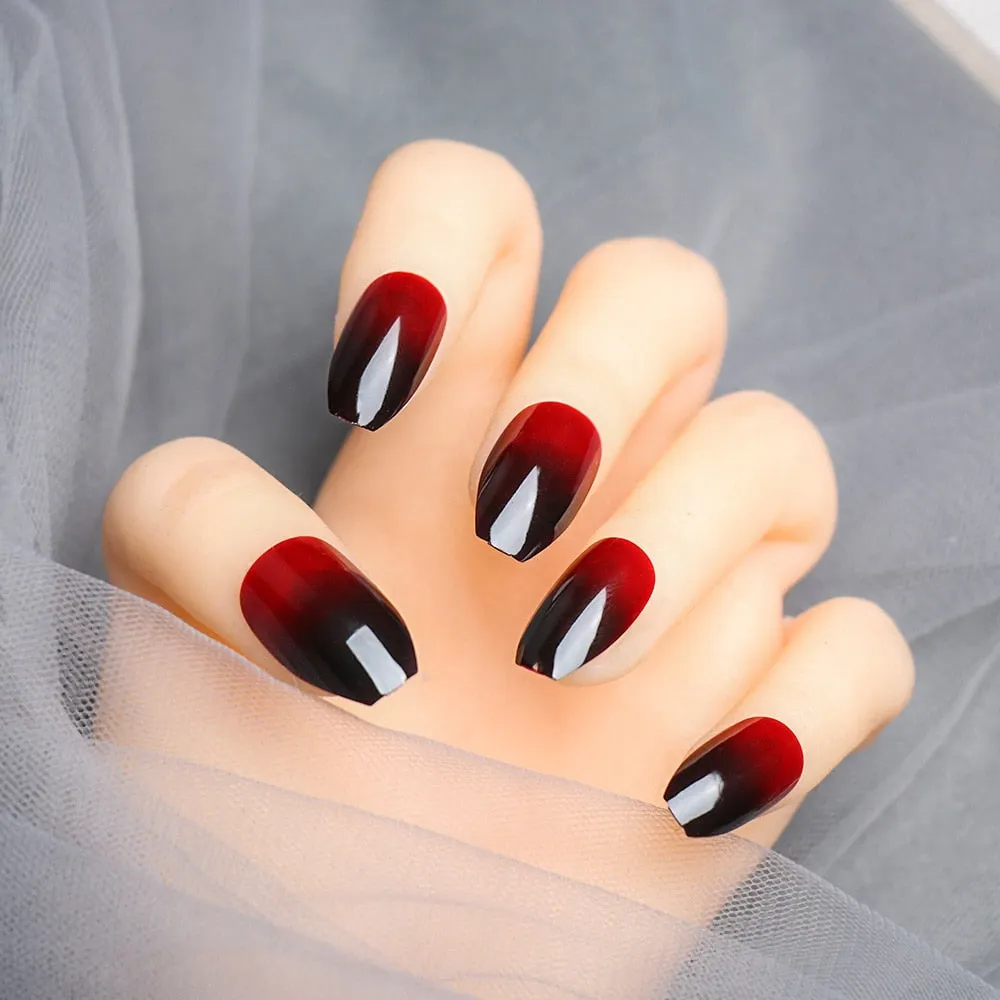 24Pcs/Set European Long Coffin Fake Nails Pre-design Black Red Gradient Ballerina Artificial Nail Art Tips False Nails with Glue-Nail Inspo
