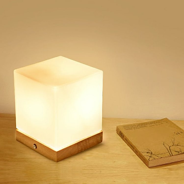 Cubic Mini Night Light Nordic White Glass 1 Head Bedroom Table Lamp with Wooden Base