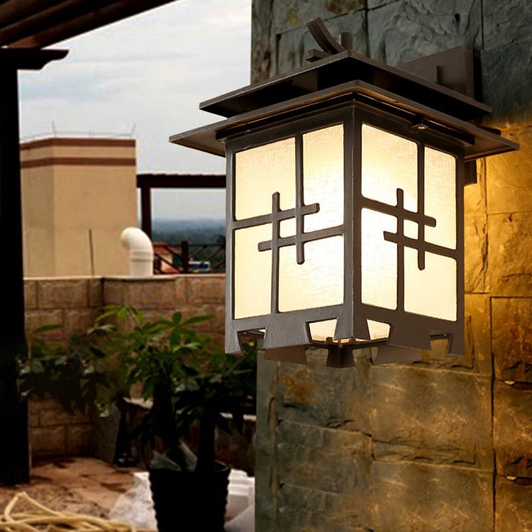 1 Light Sconce Light Fixture Farmhouse Outdoor Wall Lamp with Square Textured Glass Shade in Brass/Black