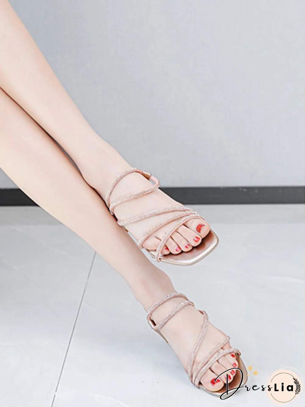 Rhinestone Thin Strap Chunky Heel Sandals