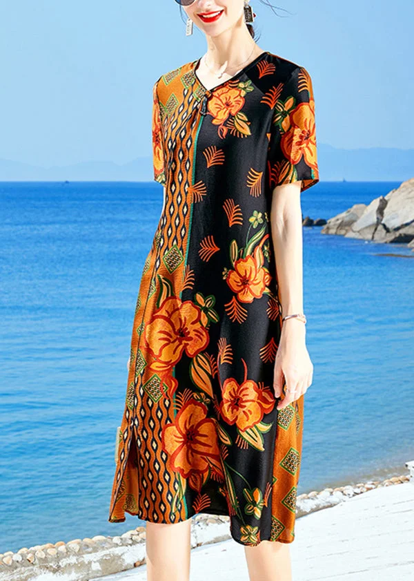 Boutique Orange V Neck Patchwork Print Silk Dress For Wemon Short Sleeve