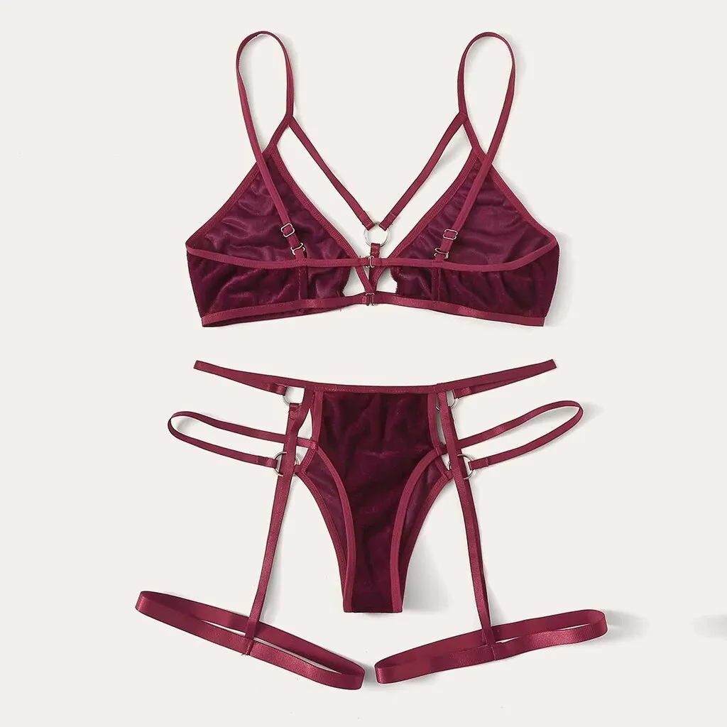 Sexy Bra Set Women Velvet Bandage Lingerie Female Wireless Intimates Bra Garter Panty Sets Erotic Sexy Underwear Seamless Bras