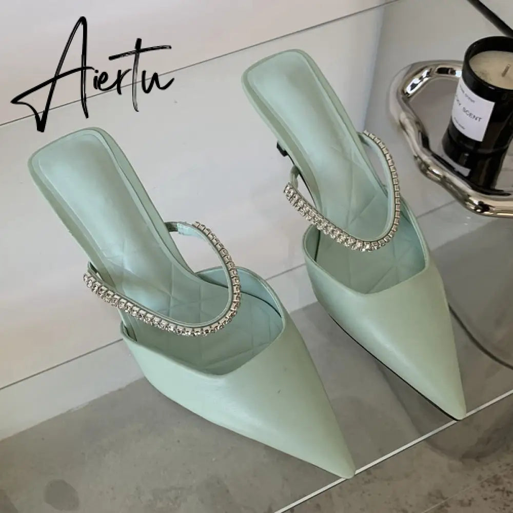 Aiertu Fashion Brand Women Slipper Crystal Pointed Toe Slip On Mules Shoes Thin High Heel Ladies Elegant Dress Slides Aiertu