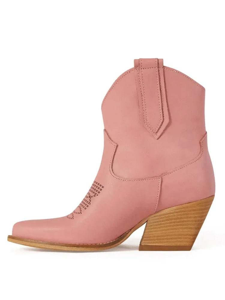 Pink Cowgirl Ankle Boots Embroidery Slanted Block Heel Western Booties