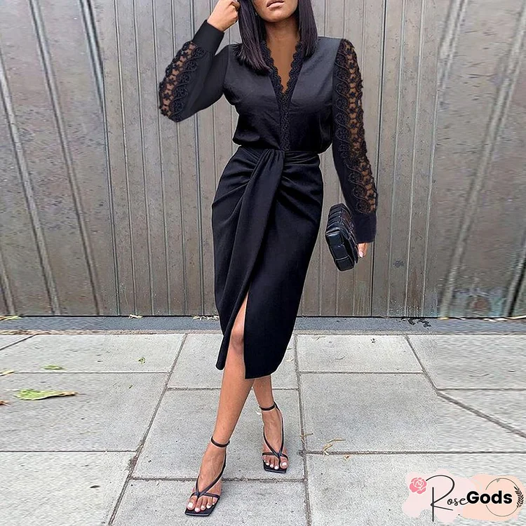 Women Sexy V Neck Draped Lace Slit Dresses Fashion Hollow Embroidery Party Dress Elegant Patchwork Long Sleeve Office Lady Dress