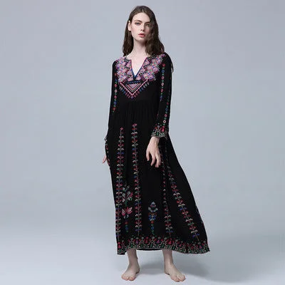 Women Dresses Fashion Bohemian Embroidered V-neck Dress