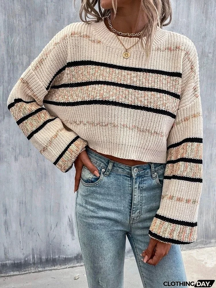 Long Sleeves Printing Color-Block Round-Neck Sweater Tops