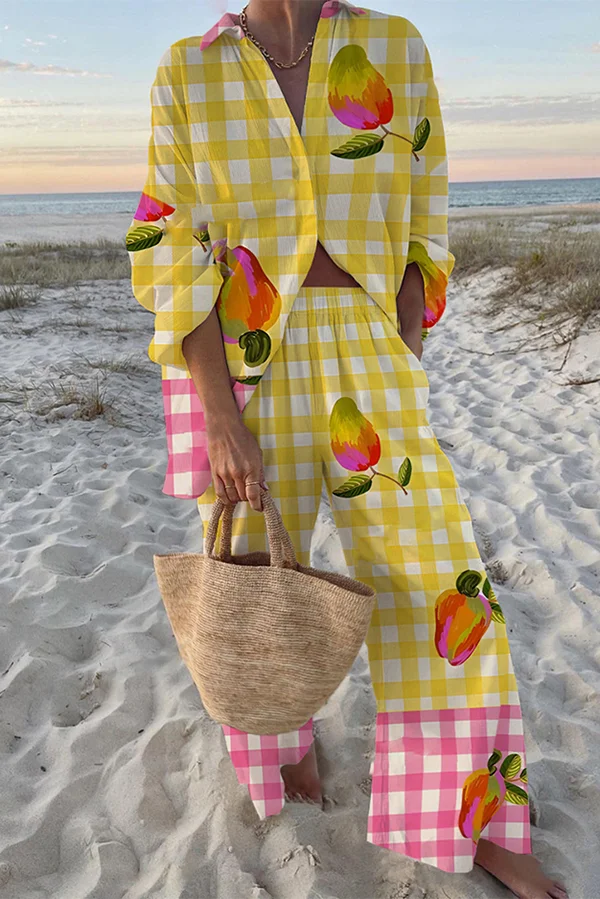 Plaid Fruit Print Oversized Shirt and Elastic Waist Pocket Pants Set