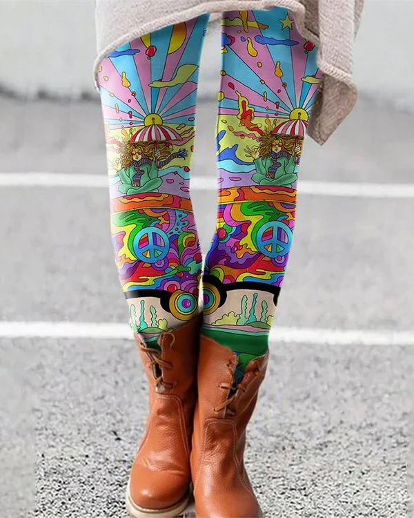 🔥kukelife🔥Hippie Art Print Casual Leggings
