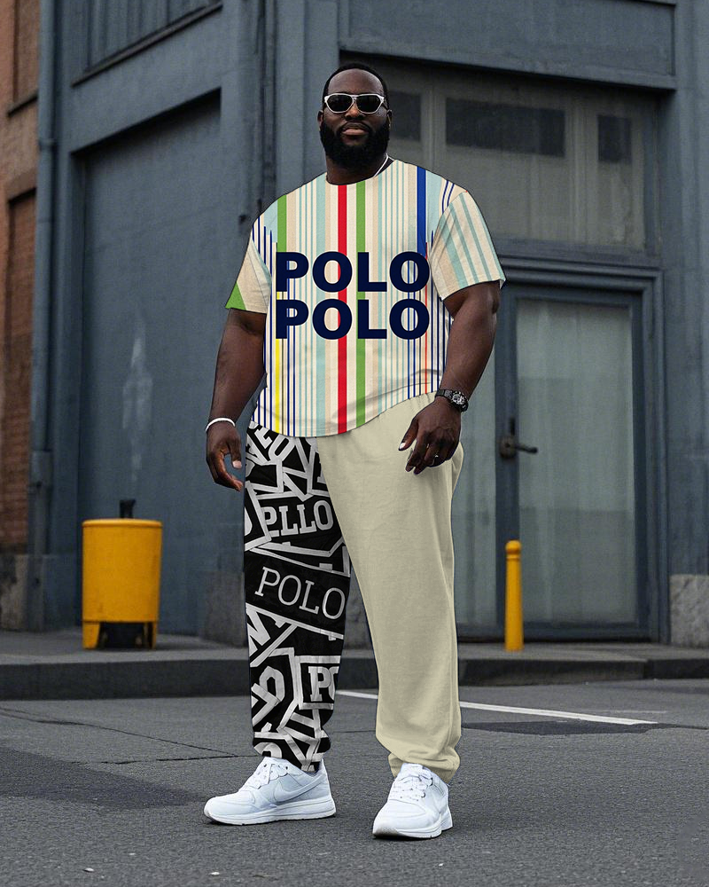 Big Men's Colorful Stripes Splicing Letter POLO Printed Casual Short Sleeve T-shirt Pants Set
