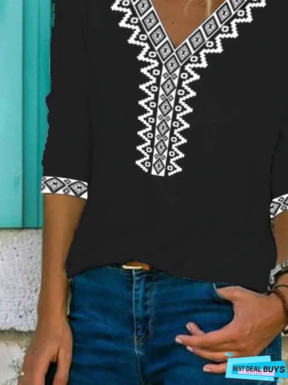 Paisley Half Sleeve  Printed  Cotton-blend V neck  Vintage  Summer  Black Top