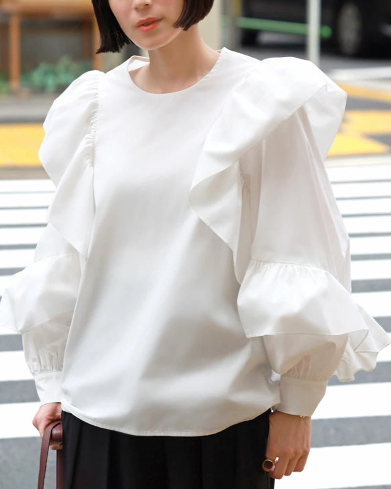 Ruffled Detail Round Neck Solid Color Top