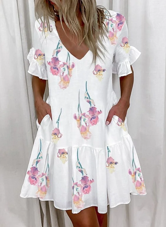 Casual Loose Lace V Neck Pineapple Print Mini Dress