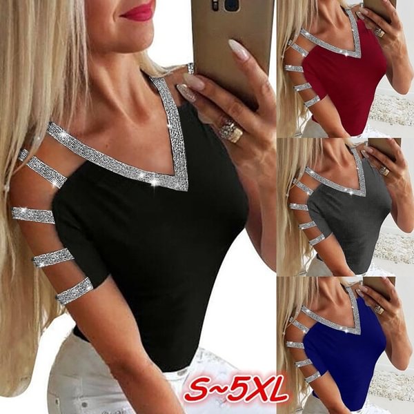 4 Colors Summer New Women Fashion Glitter Ladder Cutout Sleeve T Shirts Casual Ladies V-neck Sexy Slim Skinny Blouses Solid Color Women Tops Plus Size S~5XL - BlackFridayBuys