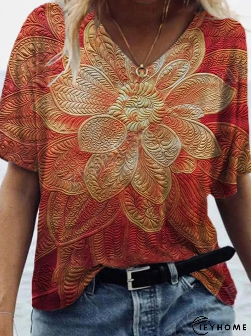 V Neck Cotton-Blend Floral Short Sleeve T-shirt | IFYHOME