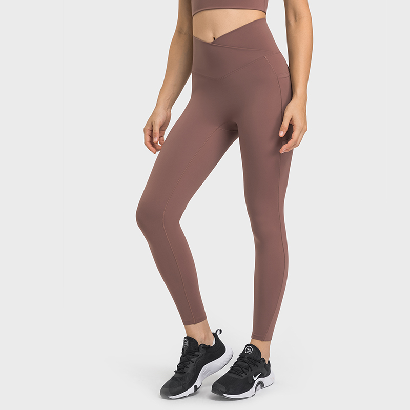 Buy different colors and types of no camel toe quick dry bubble peach butt lifting naked feeling skin friendly cross waist yoga pants with phone pockets on Hergymclothing Smoky Brown