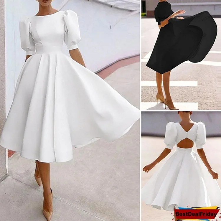 Women Half Sleeve Party Elegant Plain Sundress Back Zipper Vintage Big Swing Mini Shirt Dress Fashion