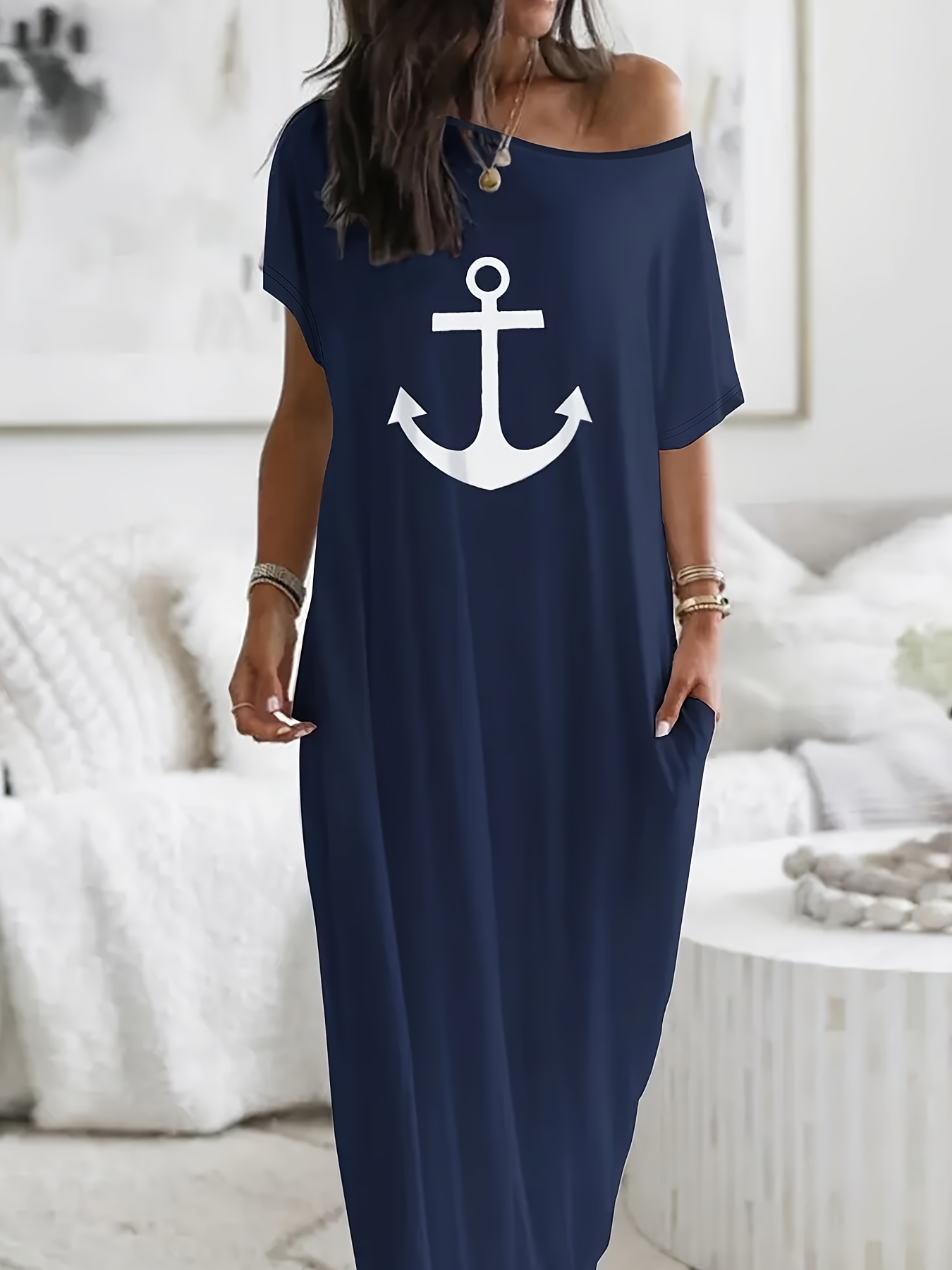 Women's Navy Blue Anchor Print Maxi Dress With Pockets - Casual, Short Sleeve, Round Neck, Perfect For Summer, Vacation, And Commute, Casual Summer Dress | Anchor Print Dress | Polyester Fabri | IFYHOME